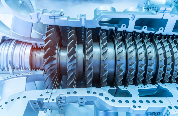 Model of turbine engine with longitudinal section for studying arrangement of blades and combustion chambers